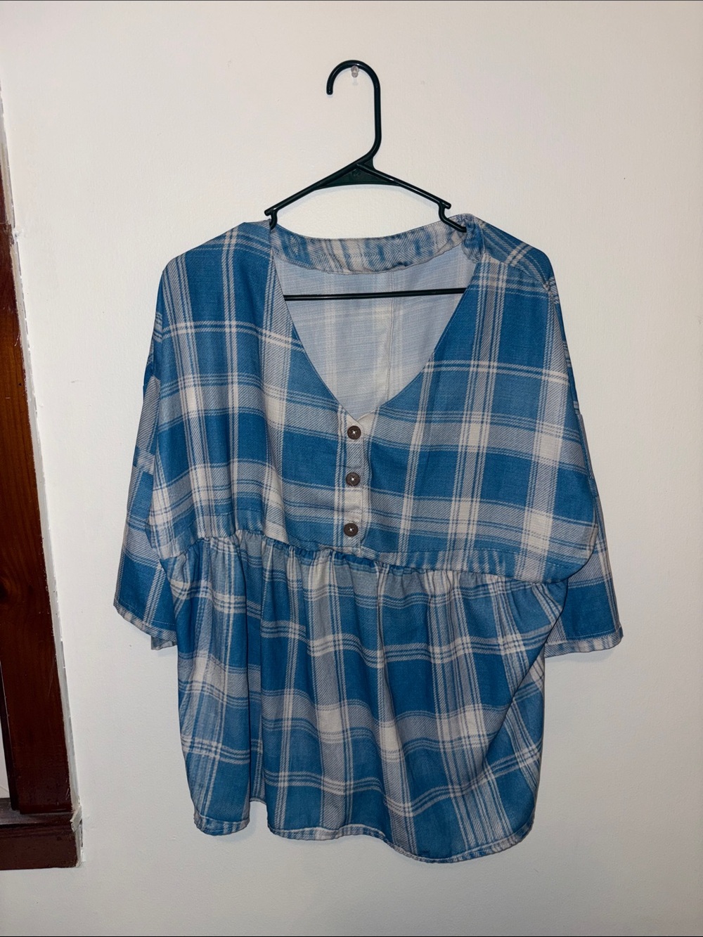 Blue Plaid Button-Front Tunic Top